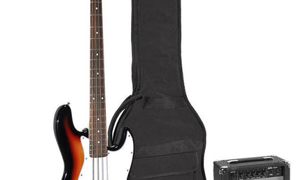 J-style electric bass guitar set, 15W amp, gig bag, tuner, cable, strap & 6 picks, 3 tone sunburst