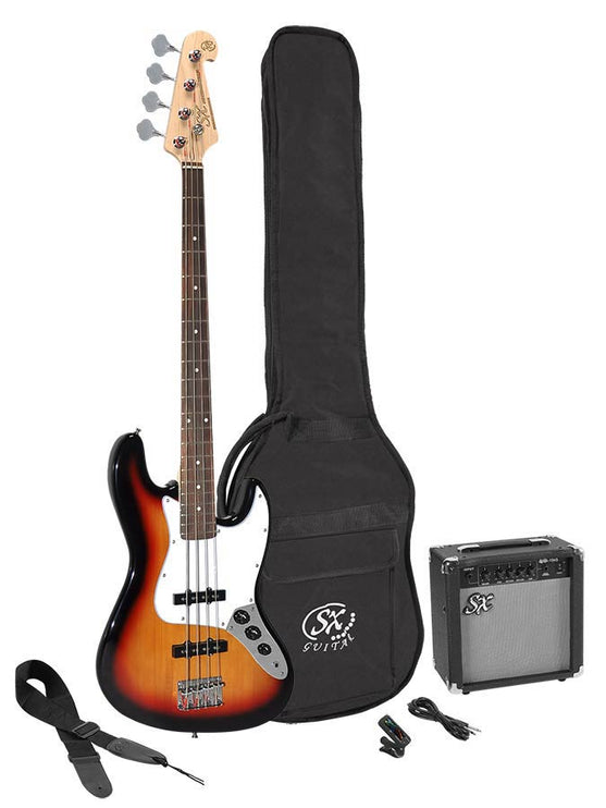 J-style electric bass guitar set, 15W amp, gig bag, tuner, cable, strap & 6 picks, 3 tone sunburst