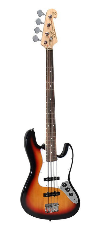 J-style electric bass guitar set, 15W amp, gig bag, tuner, cable, strap & 6 picks, 3 tone sunburst