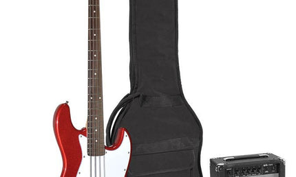 J-style electric bass guitar set, 15W amp, gig bag, tuner, cable, strap & 6 picks, candy apple red