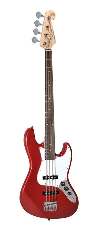 J-style electric bass guitar set, 15W amp, gig bag, tuner, cable, strap & 6 picks, candy apple red