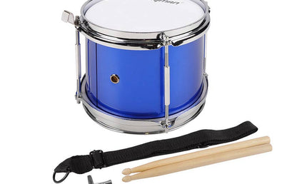 junior snare drum, blue with chrome hardware, with sticks, belt and hook, 8 inch