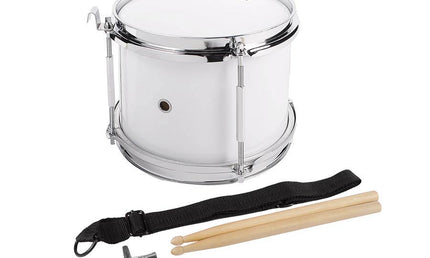 junior snare drum, white with chrome hardware, with sticks, belt and hook, 8 inch