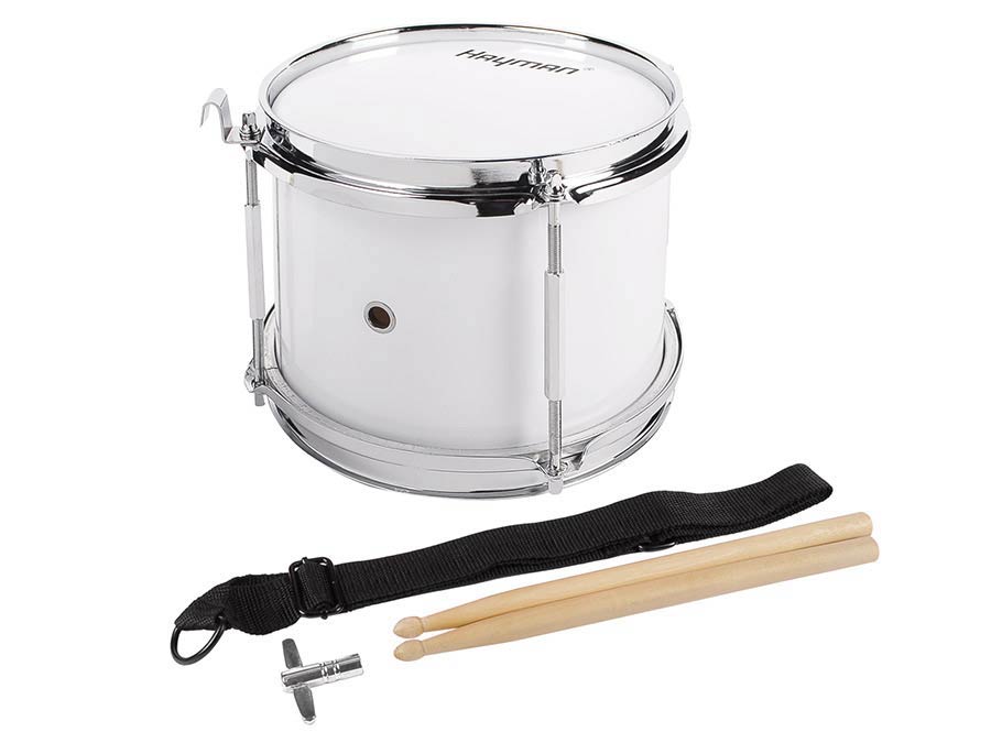 junior snare drum, white with chrome hardware, with sticks, belt and hook, 8 inch