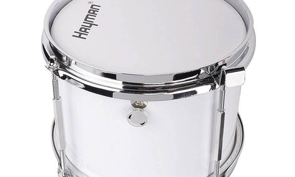 junior snare drum, white with chrome hardware, with sticks, belt and hook, 8 inch