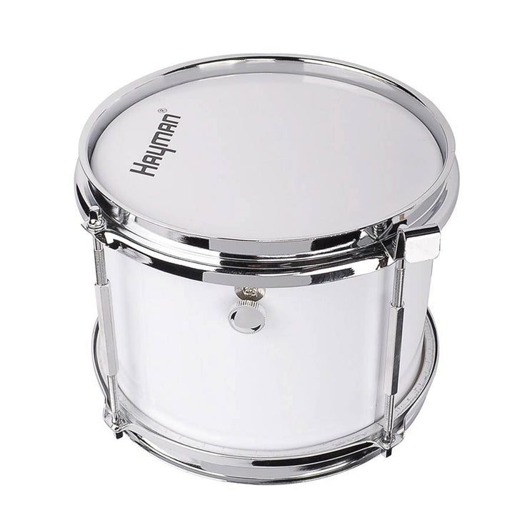 junior snare drum, white with chrome hardware, with sticks, belt and hook, 8 inch