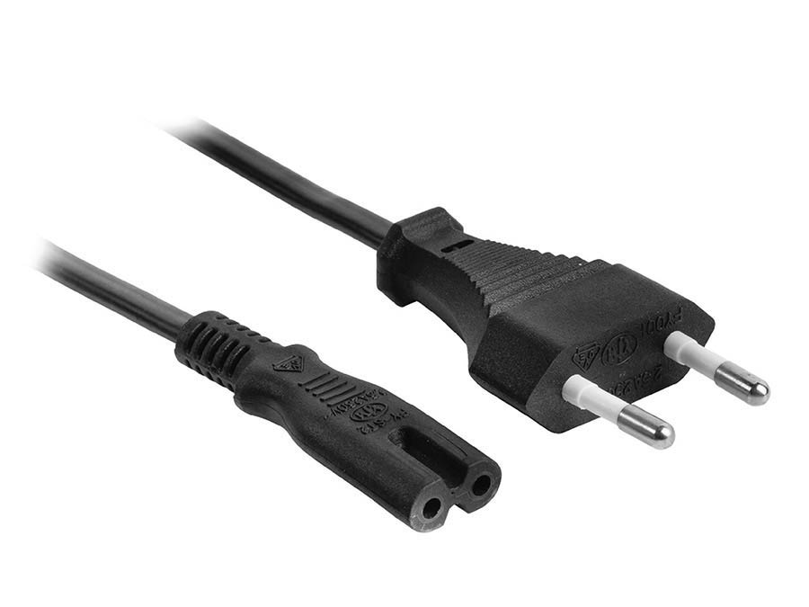 power cable, black, 2 x 0,75mm2, euro to IEC-320-C7, 2 meter