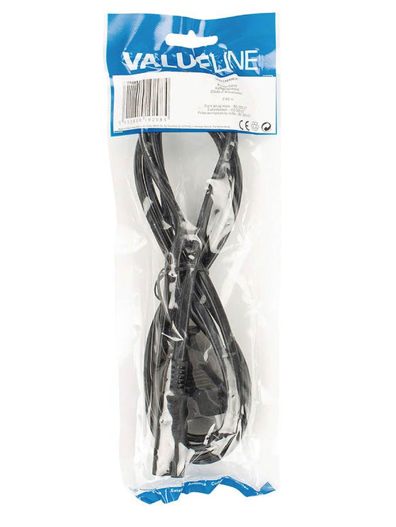 power cable, black, 2 x 0,75mm2, euro to IEC-320-C7, 2 meter