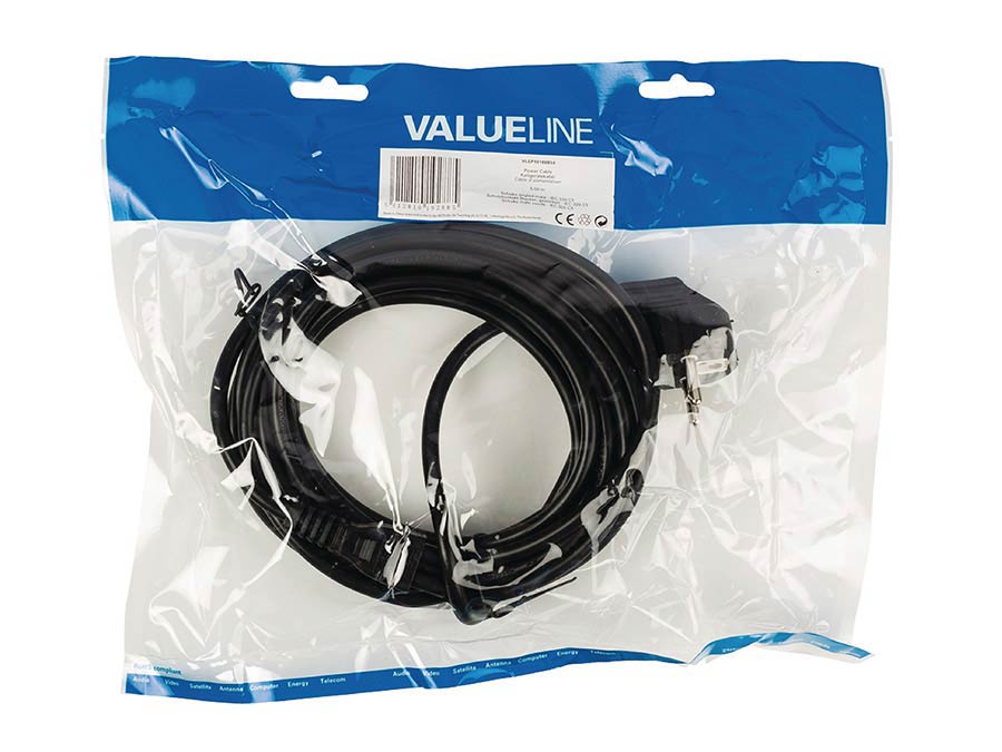 power cable, black, 3 x 0,75 mm, Schuko to C5, 250 volt, 5 meter