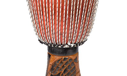 big djembé Senegal, teak wood, goat skin head, nylon string, (approximately) 35x62cm