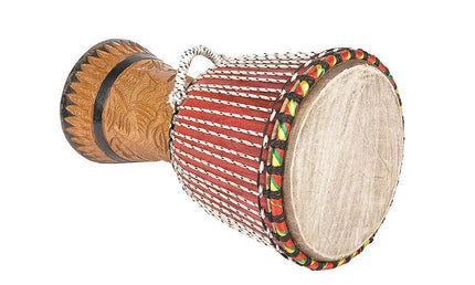 medium djembé Senegal, teak wood, goat skin head, nylon string, (approximately) 29x54cm