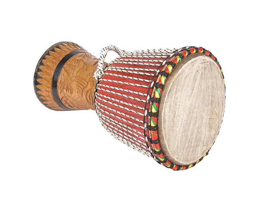 medium djembé Senegal, teak wood, goat skin head, nylon string, (approximately) 29x54cm