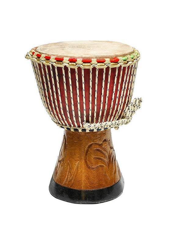 small djembé Senegal, teak wood, goat skin head, nylon string, (approximately) 23x40cm