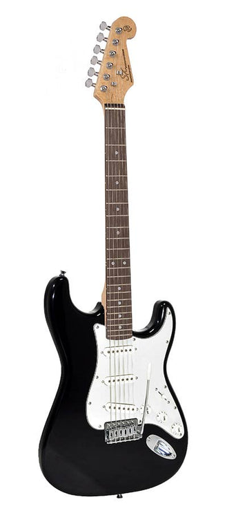 electric guitar, with 3 single coil pickups and vintage tremolo, bag, black