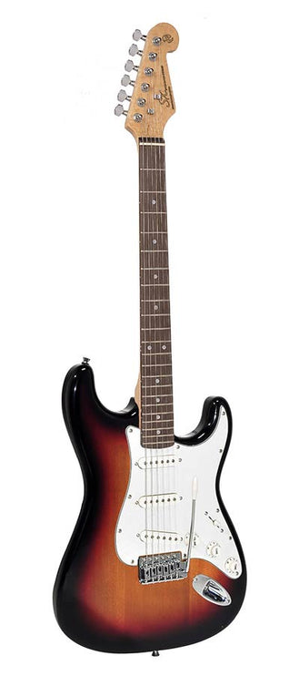 electric guitar, with 3 single coil pickups and vintage tremolo, bag, sunburst