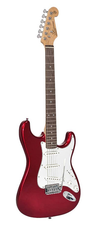 electric guitar, with 3 single coil pickups and vintage tremolo, bag, candy apple red