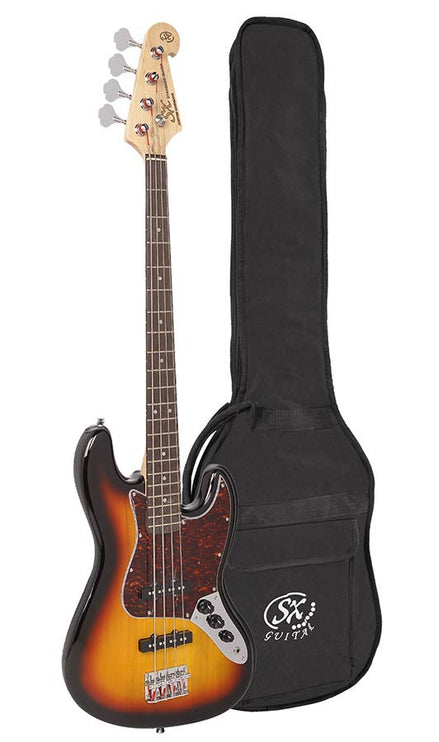 J-style electric bass guitar, 3 tone sunburst, with gig bag