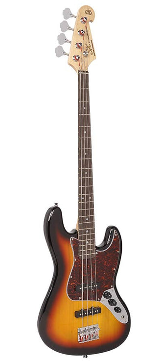 J-style electric bass guitar, 3 tone sunburst, with gig bag