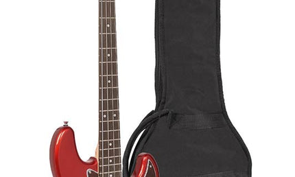 J-style electric bass guitar, candy apple red, with gig bag