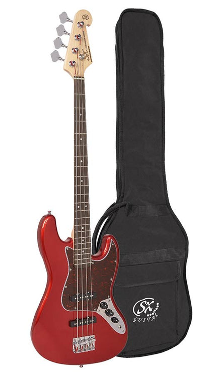 J-style electric bass guitar, candy apple red, with gig bag