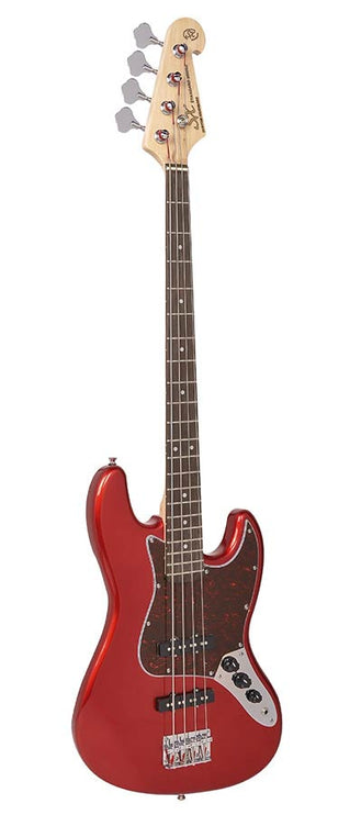 J-style electric bass guitar, candy apple red, with gig bag