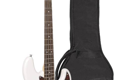 J-style electric bass guitar, white, with gig bag