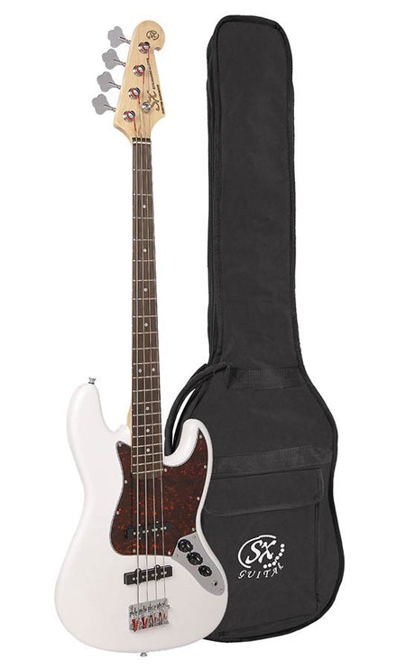 J-style electric bass guitar, white, with gig bag