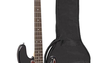 P-style electric bass guitar, black, with gig bag