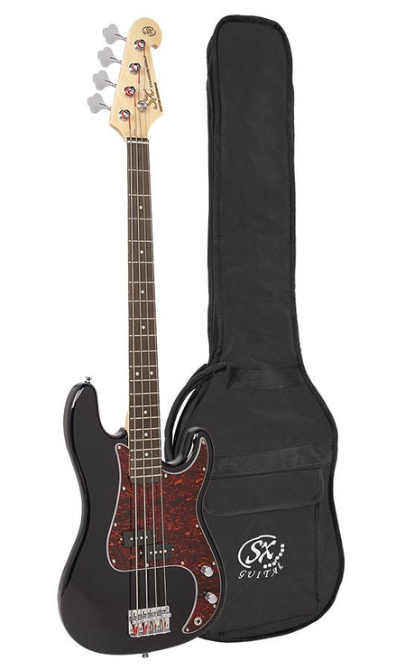 P-style electric bass guitar, black, with gig bag