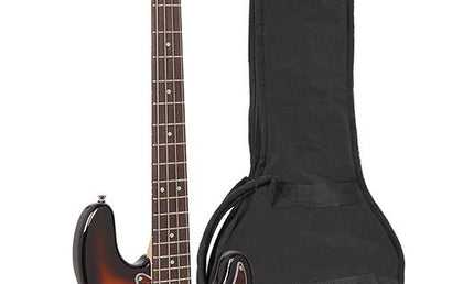 P-style electric bass guitar, 3 tone sunburst, with gig bag