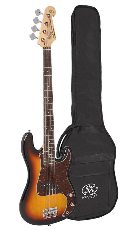 P-style electric bass guitar, 3 tone sunburst, with gig bag