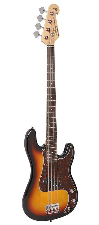 P-style electric bass guitar, 3 tone sunburst, with gig bag