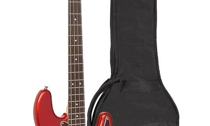 P-style electric bass guitar, candy apple red, with gig bag