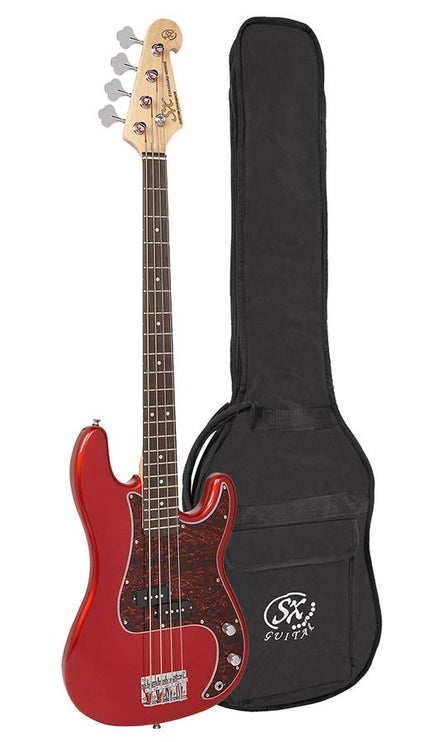 P-style electric bass guitar, candy apple red, with gig bag