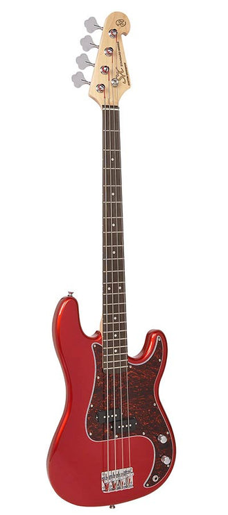 P-style electric bass guitar, candy apple red, with gig bag