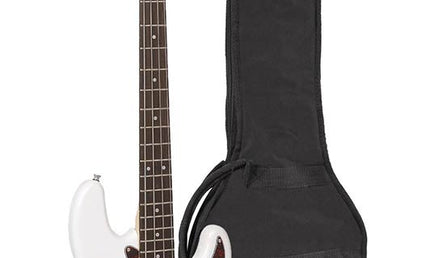 P-style electric bass guitar, white, with gig bag