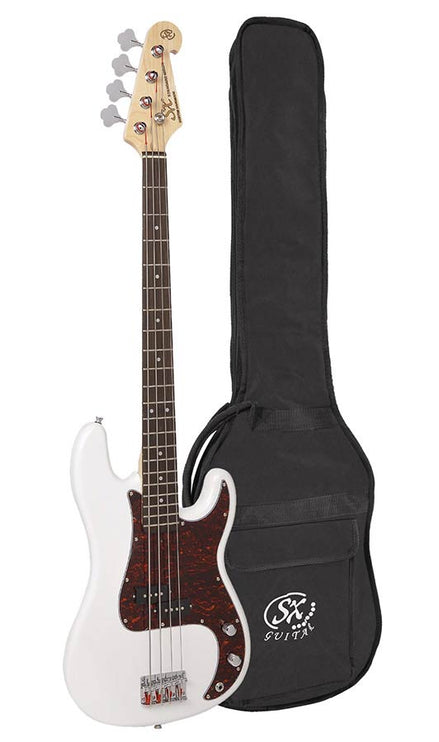 P-style electric bass guitar, white, with gig bag