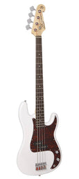 P-style electric bass guitar, white, with gig bag