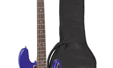 P-style electric bass guitar, electric blue, with gig bag