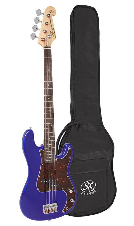 P-style electric bass guitar, electric blue, with gig bag