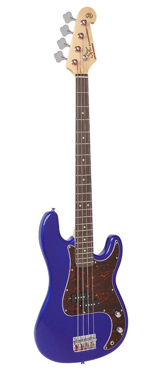 P-style electric bass guitar, electric blue, with gig bag