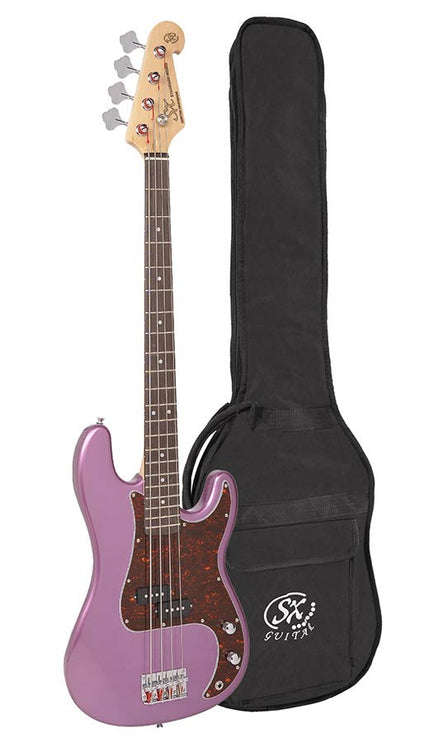 P-style electric bass guitar, midnight purple, with gig bag