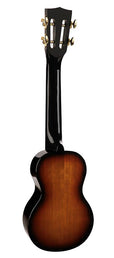 soprano ukulele, concert scale neck, 3 tone sunburst, with bag