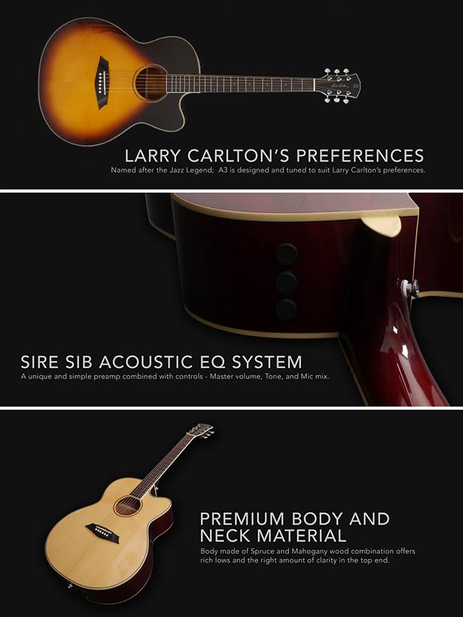 Sire Guitars - A3gsnt - Acoustic Grand Auditorium Guitar with Sib Electronics and Cutaway – Natural