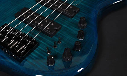 fretless alder + solid maple 5-string bass guitar transparent blue