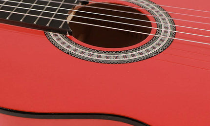 classic guitar full scale, linden back and sides, nickel frets, trussrod, gloss red finish