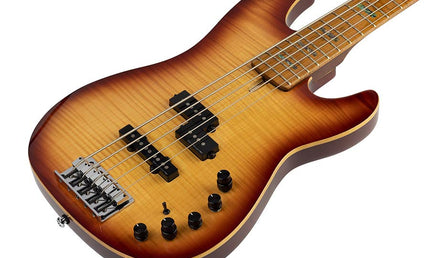 alder with flamed maple top 5-string bass guitar, tobacco sunburst