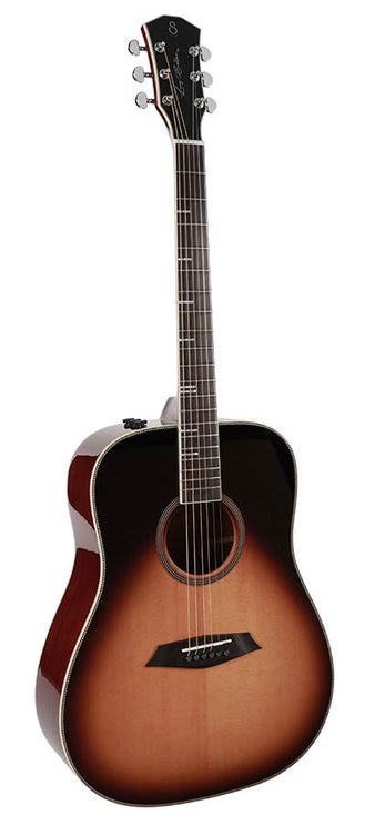 acoustic dreadnought guitar, solid top and back (roasted top) with SIB electronics, sunburst