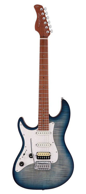 electric guitar S-style lefty with flamed maple top transparent blue