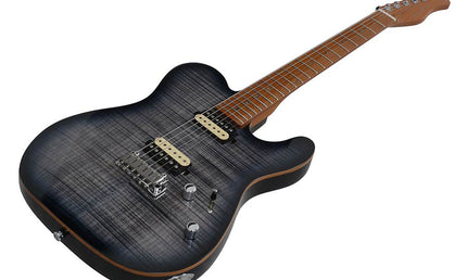 electric guitar T-style with flamed maple top transparent black